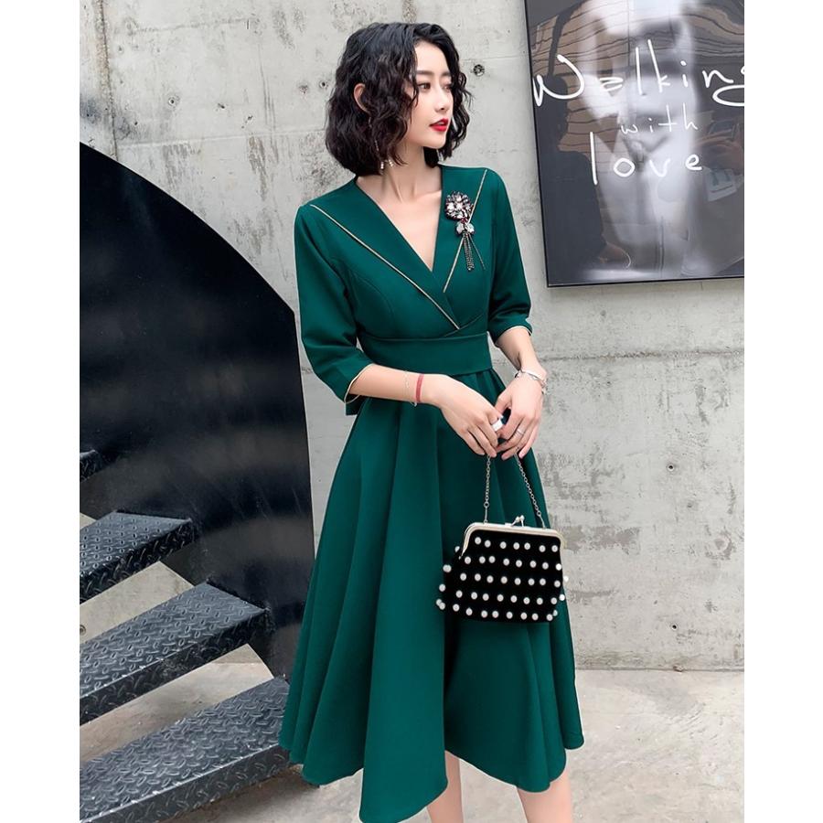 パーティードレス 袖あり 五分袖 Vネック カシュクール ウエスト