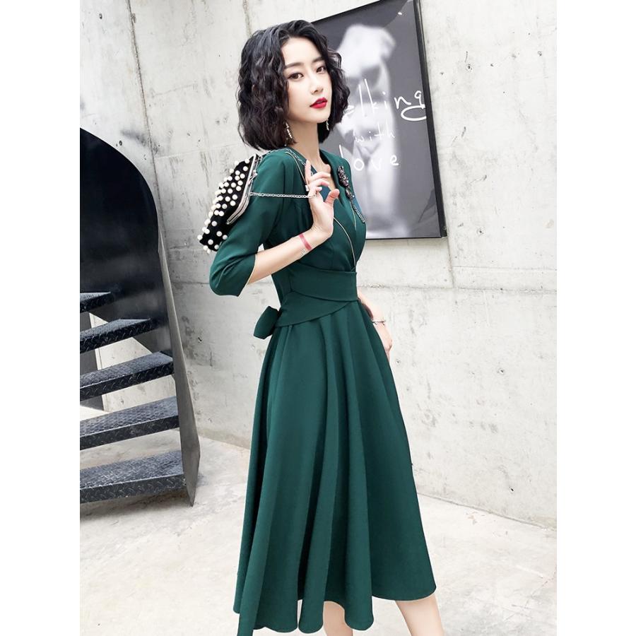 パーティードレス 袖あり 五分袖 Vネック カシュクール ウエスト