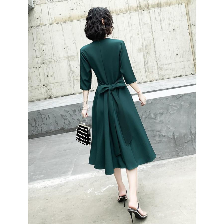 パーティードレス 袖あり 五分袖 Vネック カシュクール ウエスト