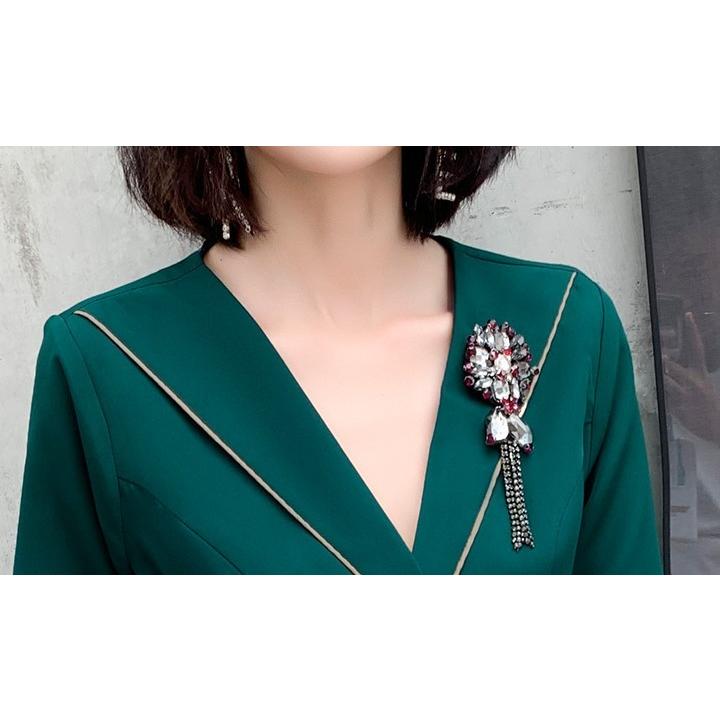 パーティードレス 袖あり 五分袖 Vネック カシュクール ウエスト