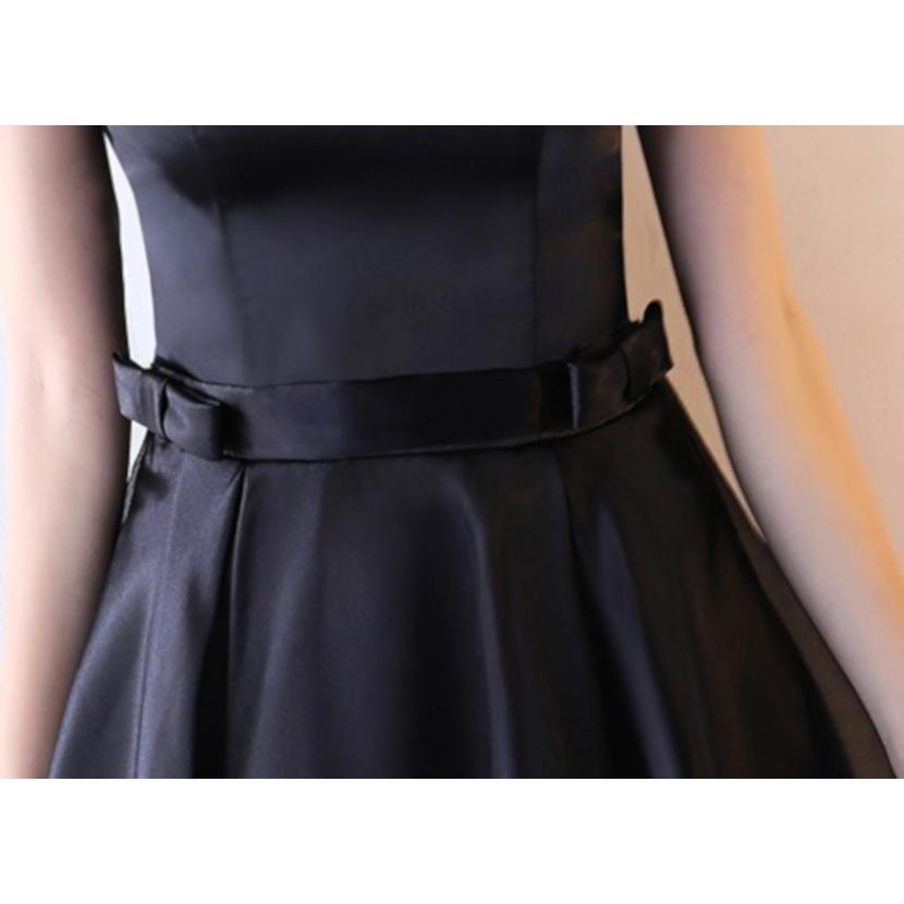 パーティードレス 黒 ミニ ウエストリボン レディース ドレス Vネック