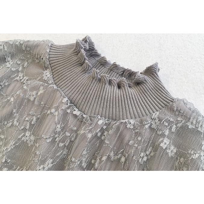 レース レイヤード ニット レディース ハイネック トップス 秋 冬 春