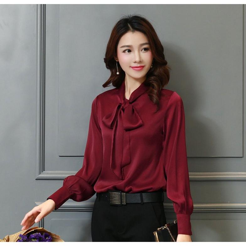 ブラウス シャツ レディース 長袖 オフィス ボウタイ サテン 大きい
