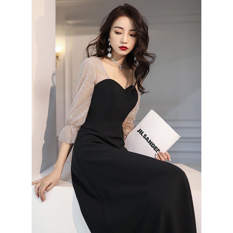 パーティードレス 結婚式 お呼ばれドレス 赤 黒 ロングドレス 袖あり