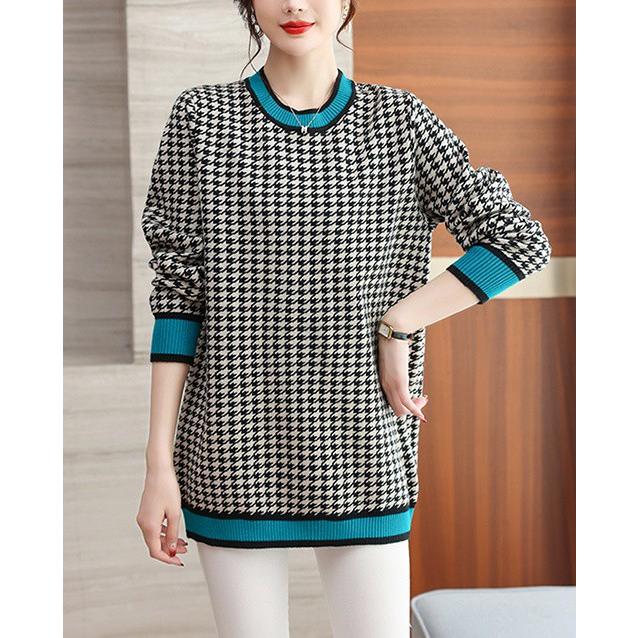 千鳥格子 ニット トップス 長袖 レディース 秋 冬 配色ニット ゆったり