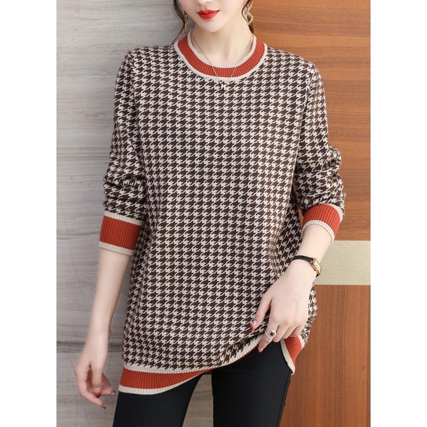 千鳥格子 ニット トップス 長袖 レディース 秋 冬 配色ニット ゆったり