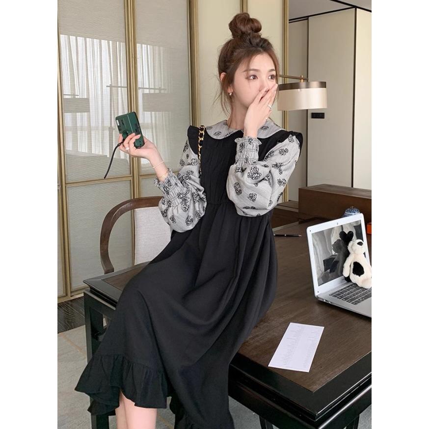 ワンピース レディース 長袖 ロング ミモレ丈 ドッキングワンピース 花