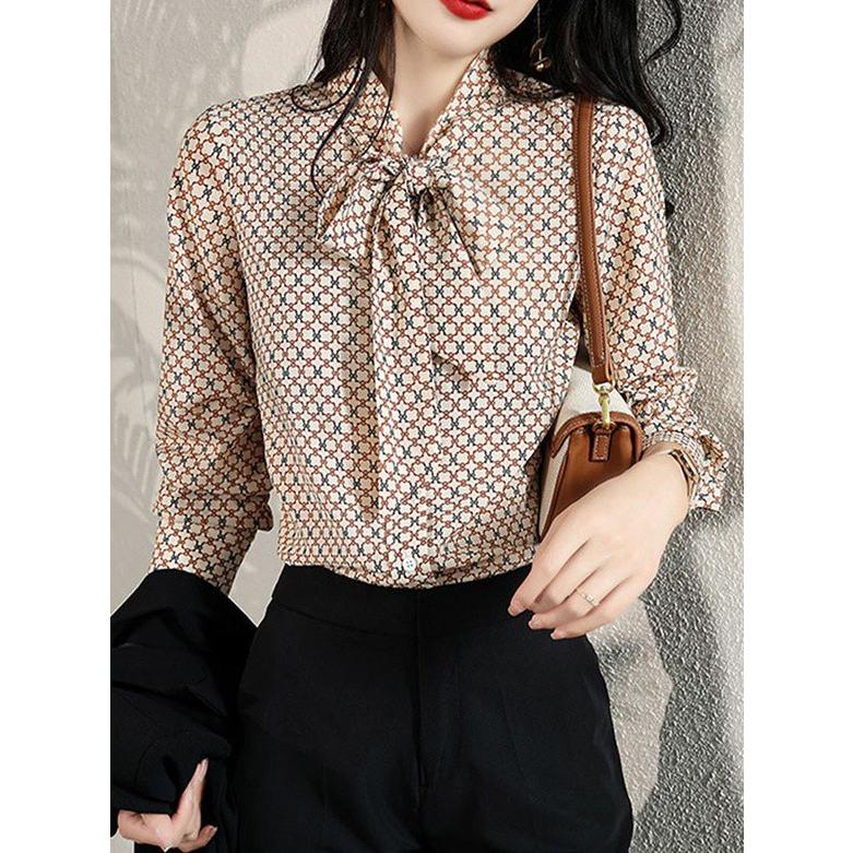 ブラウス レディース トップス 長袖 ボウタイブラウス 春 秋 総柄