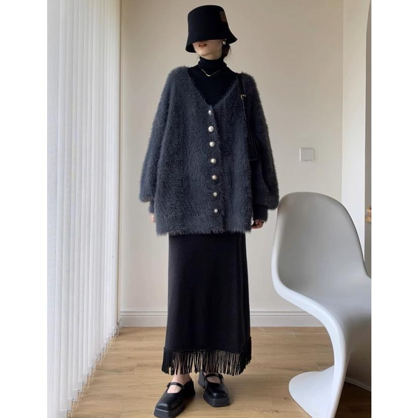 ニットカーディガン レディース トップス シャギーニット 秋冬 Vネック