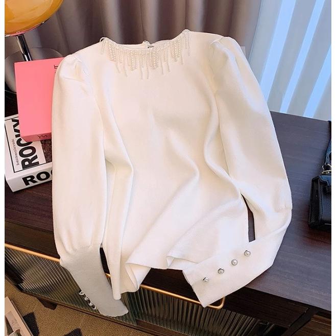 ニット レディース 秋冬 モックネック トップス 長袖 袖パール ニット