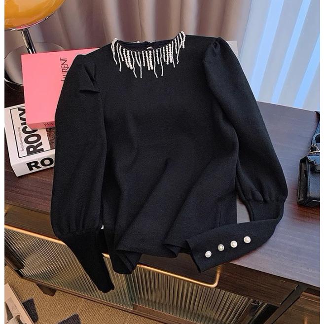 ニット レディース 秋冬 モックネック トップス 長袖 袖パール ニット