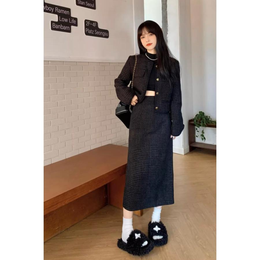 ユキトリイ ノーカラー ツイード ジャケット スカート セットアップ ユキトリイ ノーカラー ツイード ジャケット スカート セットアップ