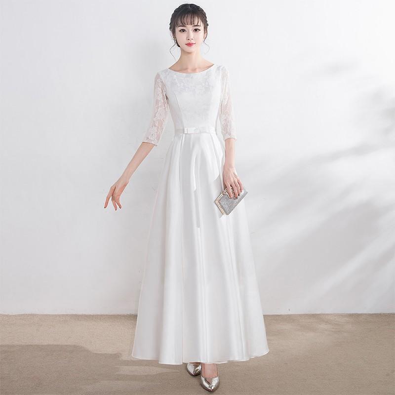 ウェディングドレス 花柄 レース 結婚式 花嫁 二次会 ロングドレス 白 ホワイト ミディアム丈 袖あり 五分袖 ウエストマーク 大きいサイズ 3L 4L 一部即納 ウェディングドレス 花柄 レース 結婚式 花嫁 二次会 ロング