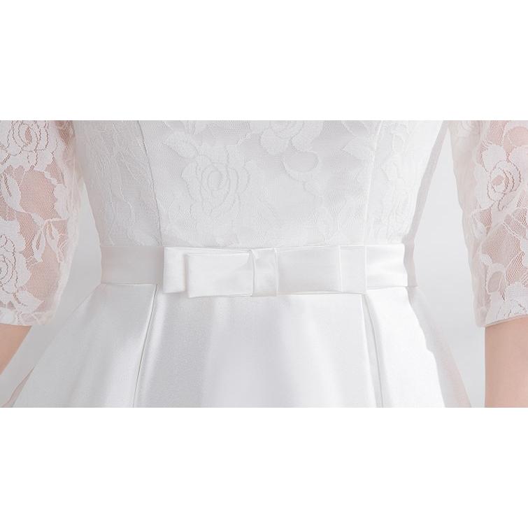 ウェディングドレス 花柄 レース 結婚式 花嫁 二次会 ロングドレス 白 ホワイト ミディアム丈 袖あり 五分袖 ウエストマーク 大きいサイズ 3L 4L 一部即納 ウェディングドレス 花柄 レース 結婚式 花嫁 二次会 ロング