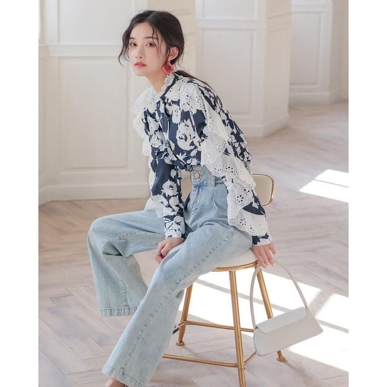 ブラウス レディース 長袖 花柄 シャツブラウス 袖レース