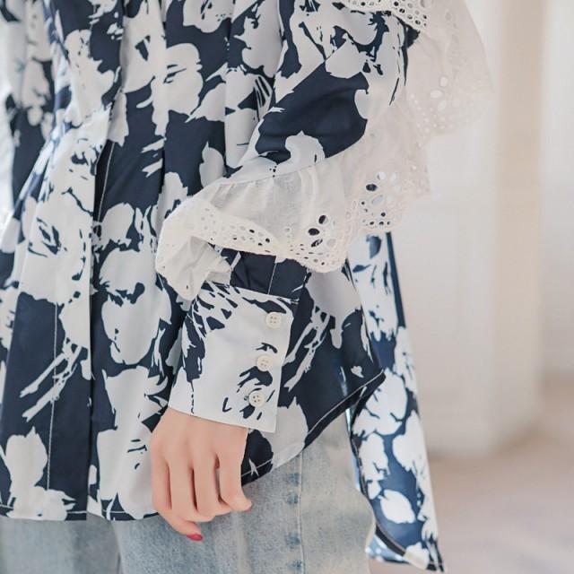 ブラウス レディース 長袖 花柄 シャツブラウス 袖レース