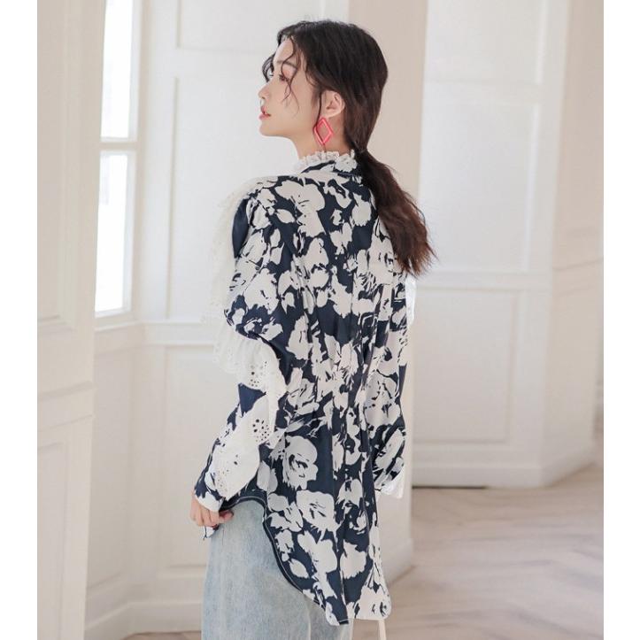 ＆ellecy 花柄 フリル シャツ 長袖 ブラウス レディース 長袖 花柄 シャツブラウス 袖レース