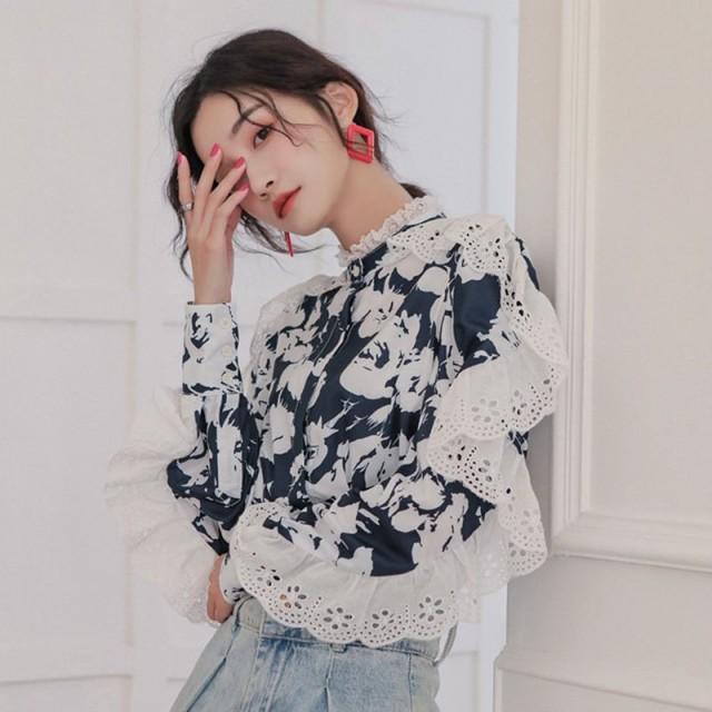 ＆ellecy 花柄 フリル シャツ 長袖 ブラウス レディース 長袖 花柄 シャツブラウス 袖レース