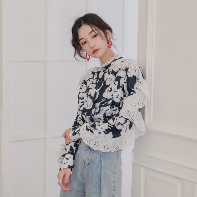 ＆ellecy 花柄 フリル シャツ 長袖 中古・古着通販】&ELLECY (アンドエルシー) 花柄長袖シャツ