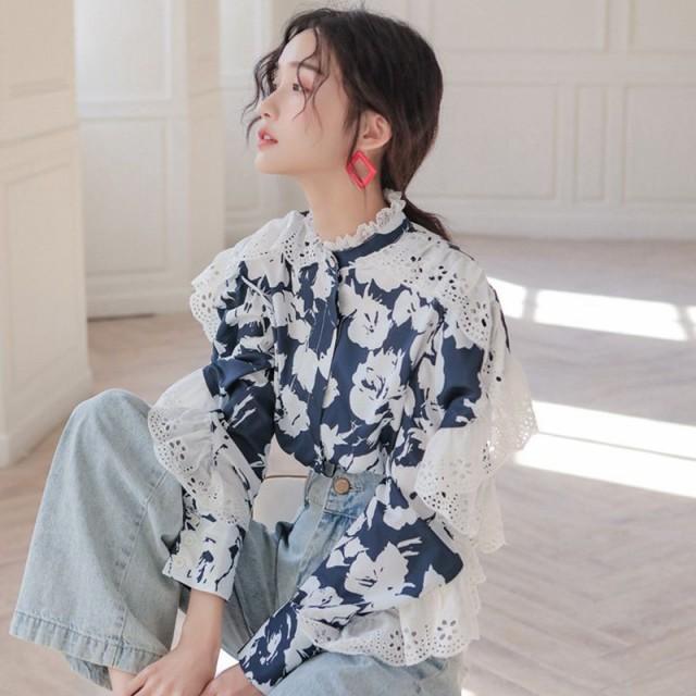 ＆ellecy 花柄 フリル シャツ 長袖 Lace Ladies スタンドカラーブラウス 立ち襟 フリルハイネック