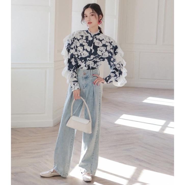 ＆ellecy 花柄 フリル シャツ 長袖 ブラウス レディース 長袖 花柄 トップス シアーシャツ シアー