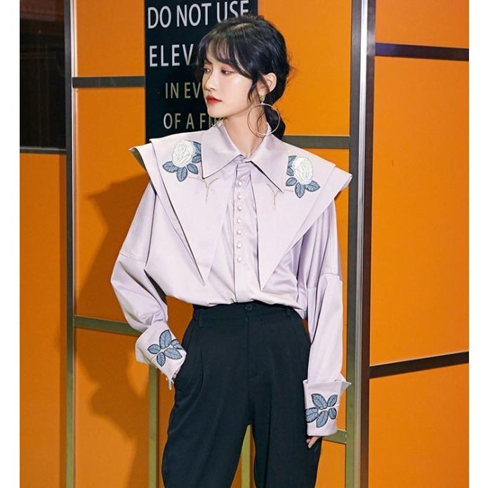 シャツブラウス 花柄 ブラウス レディース 長袖 トップス 春 秋 刺繍