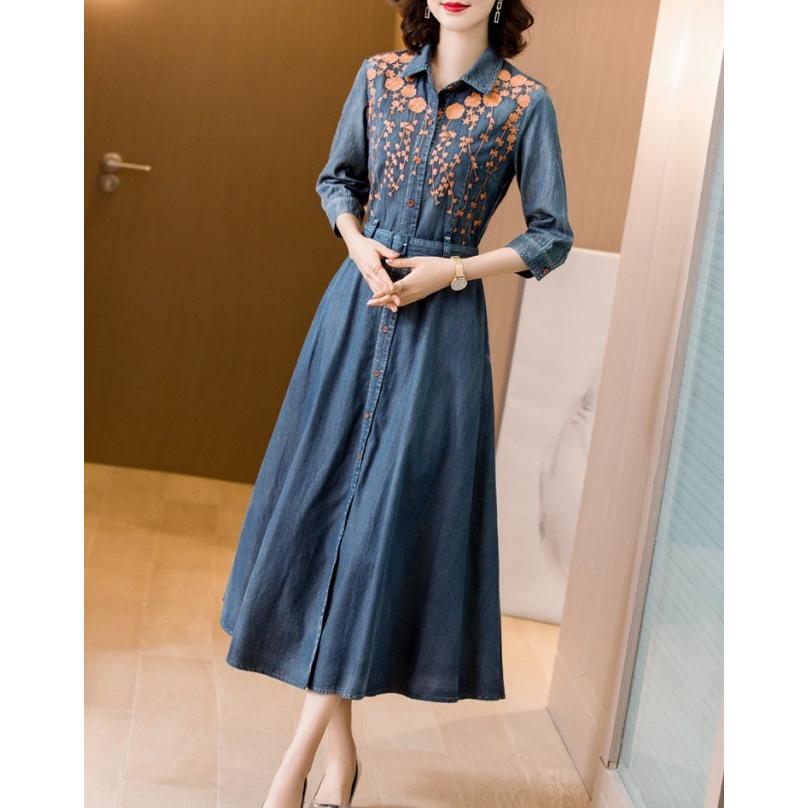 デニムワンピース ロング丈 デニム シャツワンピース レディース 襟