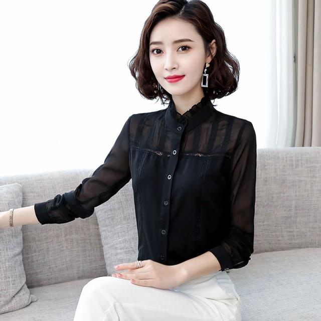 シャツ シースルー トップス ブラウス レディース 長袖 黒