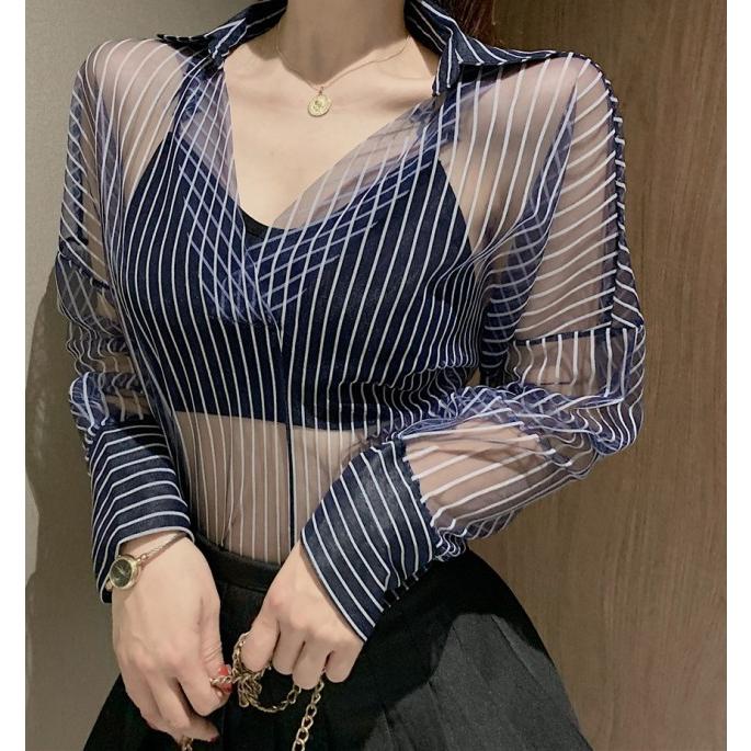 シャツブラウス シースルー トップス 長袖 レディース 襟付き シャツ