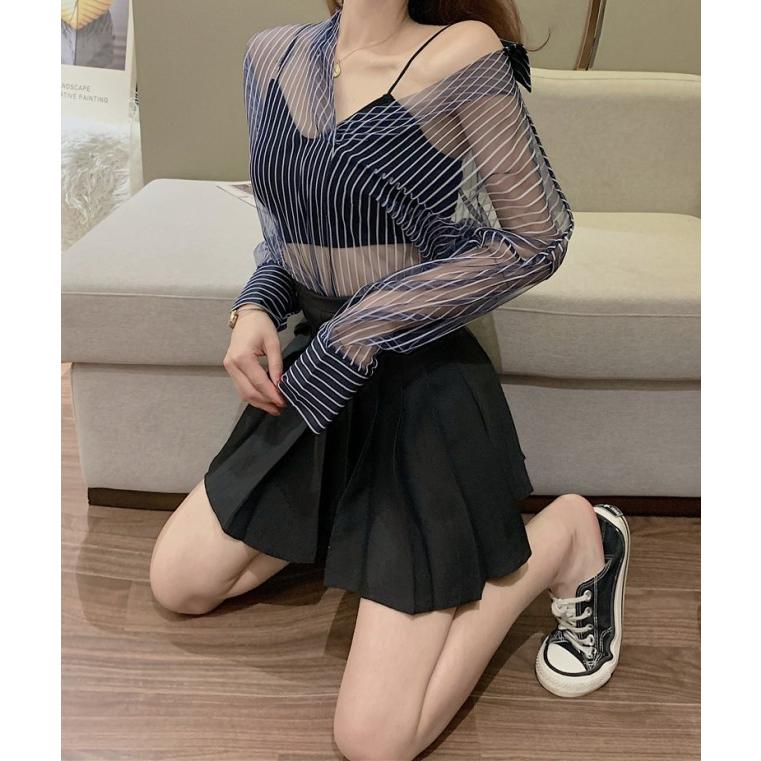 シャツブラウス シースルー トップス 長袖 レディース 襟付き シャツ