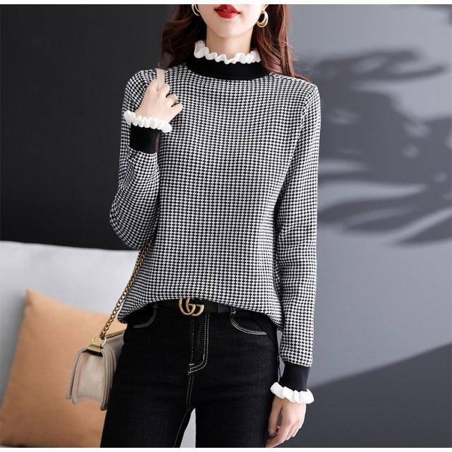 に*ん様 poppy CHECK TURTLE フリルネック 長袖トップス フリルネック チェック柄 トップス ニット レディース 長袖 フリル袖
