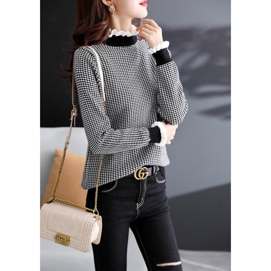 フリルネック チェック柄 トップス ニット レディース 長袖 フリル袖