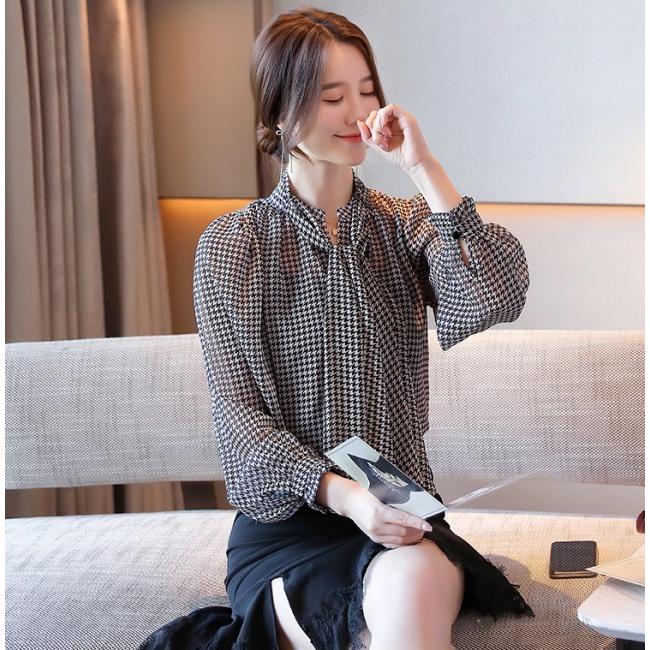 ボウタイブラウス シャツ ブラウス トップス レディース 長袖 千鳥格子  