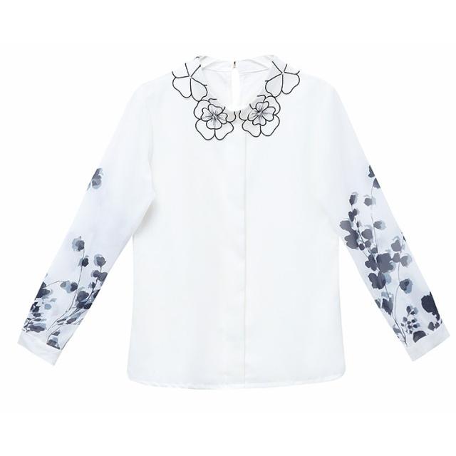 ブラウス シャツ トップス レディース 長袖 白 花柄 花モチーフ 襟  