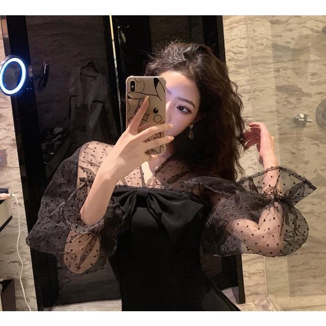 パーティードレス 黒 袖あり 結婚式 お呼ばれ ドレス 韓国 長袖 シースルー ワンピース 切り替え リボン タイトワンピース 膝丈 スリット セクシー Awg0146 Leap リープ 通販 Yahoo ショッピング