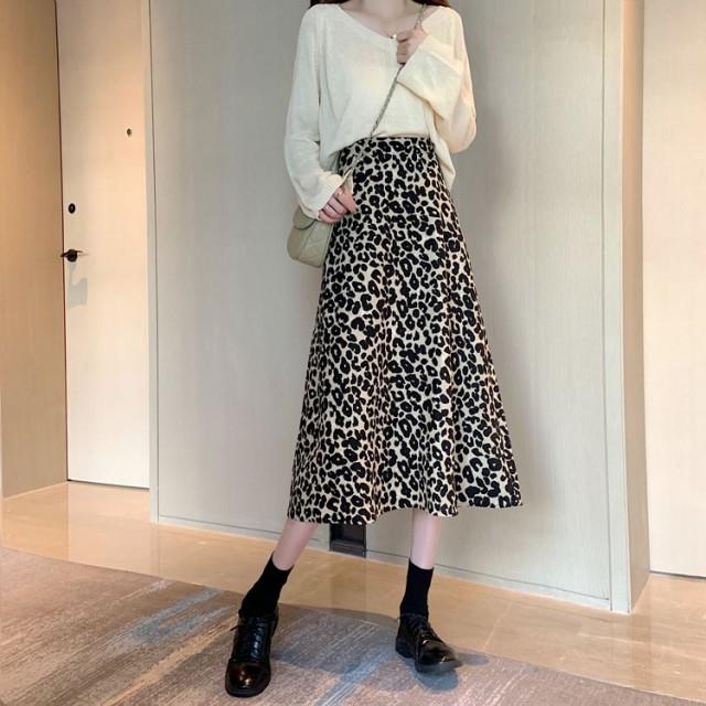 レオパード柄 スカート ミモレ丈 ボトムス レディース ハイウエスト