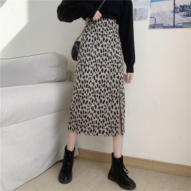 レオパード柄 タイトスカート スカート ミモレ丈 スリット
