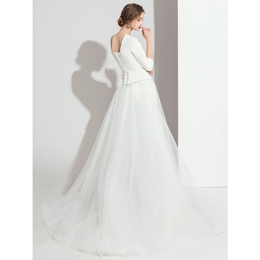 全商品オープニング価格特別価格 ウエディングドレス カラードレス 白 黒 パンツドレス 結婚式 二次会 花嫁 ドレス 大きいサイズ 袖あり 長袖 トレーン 個性的 ワンショルダー 人気カラー再販 Www Skylanceronline Com