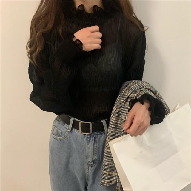 トップス シャツ ブラウス シースルー 立ち襟 フリル 長袖 レディース