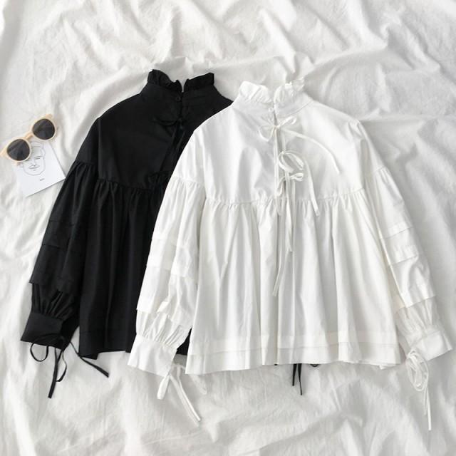 シャツ ブラウス リボン フリル トップス レディース 長袖 春 秋 フリルネック フリル襟 スタンドカラー 白ブラウス 黒ブラウス 韓国 ファッション Awg01 Leap リープ 通販 Yahoo ショッピング