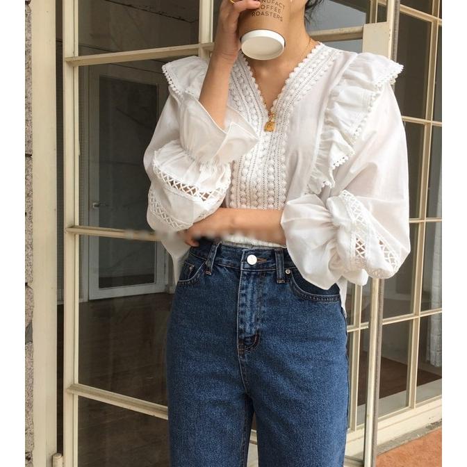 韓国】freckle クロップブラウス 白 モチーフ レース レディース 楽天