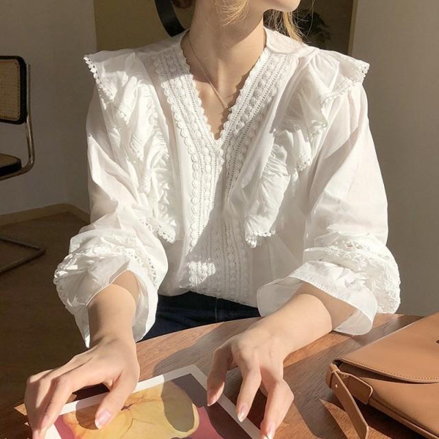 yoshuyukiアイボリー レース フリル 長袖トップス シャツ ブラウス 