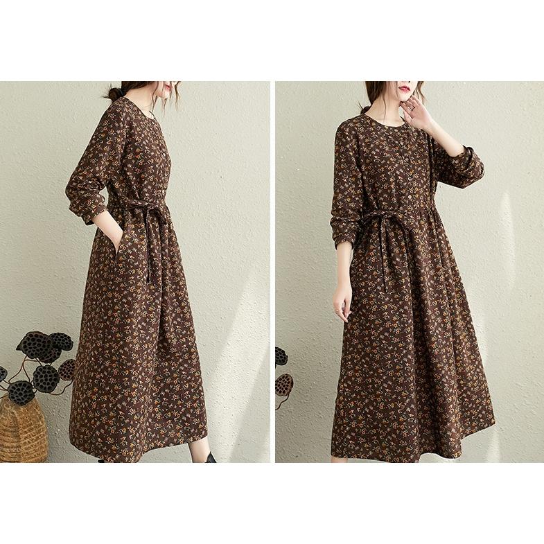 振袖　華柄　ロングワンピース　背中編込み　リボン紐付き　焦茶色 セール】肩リボン花柄ワンピース（ワンピース）｜apres jour（アプレ