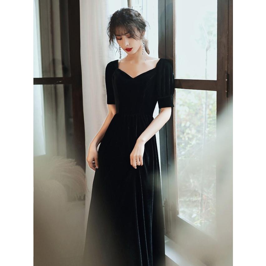 パーティードレス ロング 結婚式 お呼ばれドレス 黒 ロングドレス 演奏会 袖あり 半袖 大きいサイズ 3L 小さいサイズ 上品 ハイウエスト シンプル_4