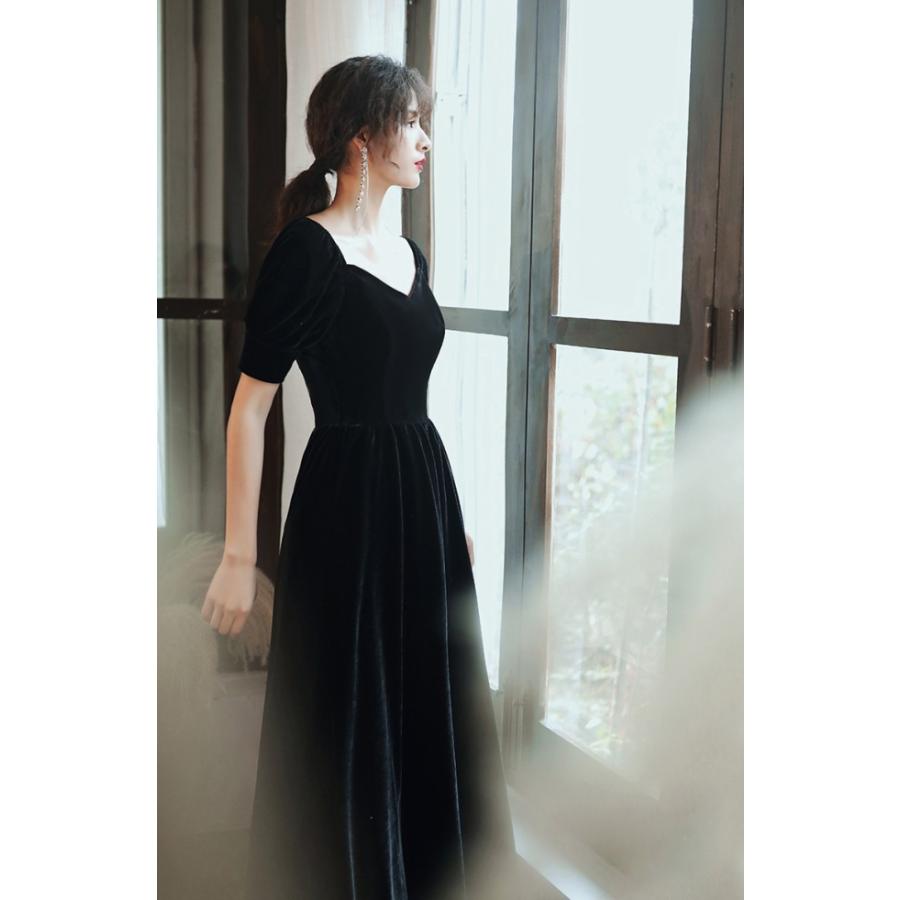パーティードレス ロング 結婚式 お呼ばれドレス 黒 ロングドレス 演奏会 袖あり 半袖 大きいサイズ 3L 小さいサイズ 上品 ハイウエスト シンプル_6