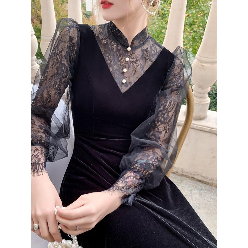 一部即納 パーティードレス 結婚式 お呼ばれドレス 袖あり ロング 長袖