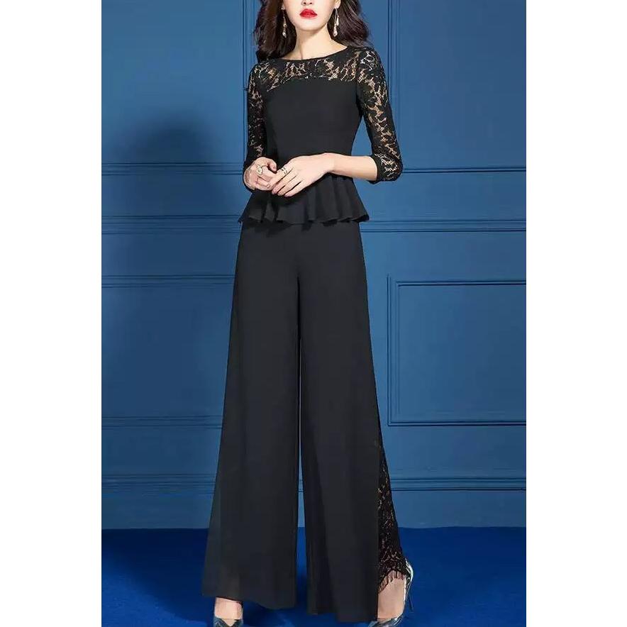 かっこいい パンツドレス セットアップ 袖あり ペプラムトップス 3l 韓国 パーティードレス お呼ばれドレス 4l レディース 結婚式 大きいサイズ 黒