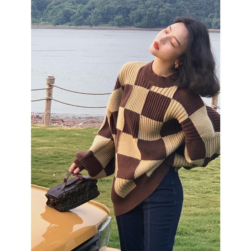 チェッカー柄 ニット セーター レディース トップス 長袖 ニット