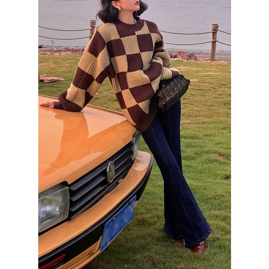 チェッカー柄 ニット セーター レディース トップス 長袖 ニット