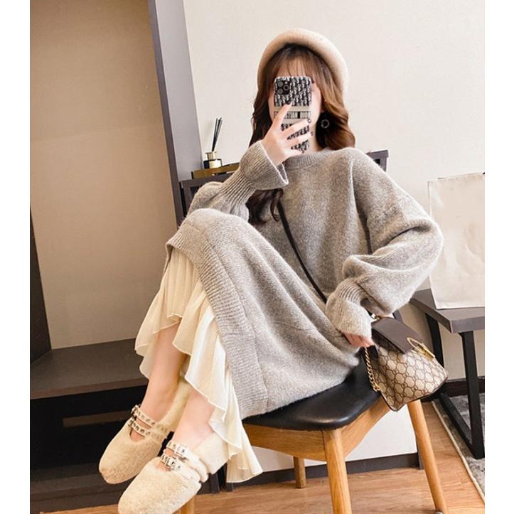 ニットワンピース 秋冬 レイヤード風ワンピース スタンドカラー ニット